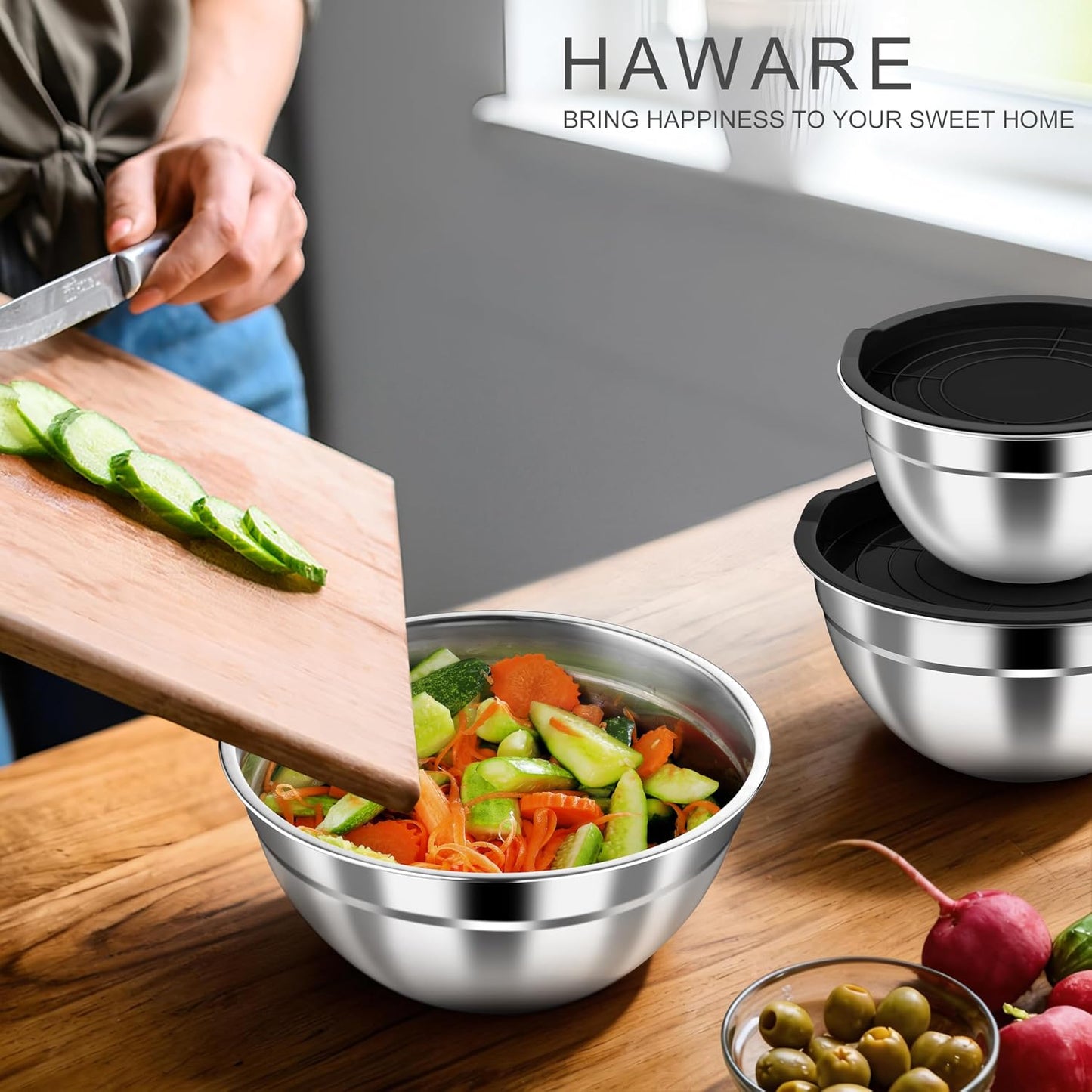 HaWare Mixing Bowls with Airtight Clear Lids, 6-Piece Stainless Steel Strong Nesting Bowls Set, Metal Salad Bowl for Cooking, Prepping, Baking, Serving & Food Storage, Size 4.6, 3, 1.5QT, Khaki