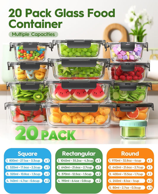 Canfanni 40 Piece Glass Food Storage Containers with Lids, Borosilicate Meal Prep Containers, BPA-Free, Stackable, Airtight Leak-Proof, Microwave, Dishwasher, Freezer Safe (20 lids & 20 Containers)