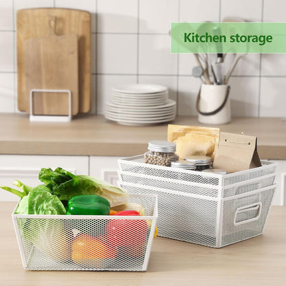 Maxdot 4 Pcs Wire Storage Basket with Handle Metal Baskets Wire Mesh Pantry Organizers for Cabinet Kitchen, Laundry, Bathroom Makeup Snacks Containers(White)