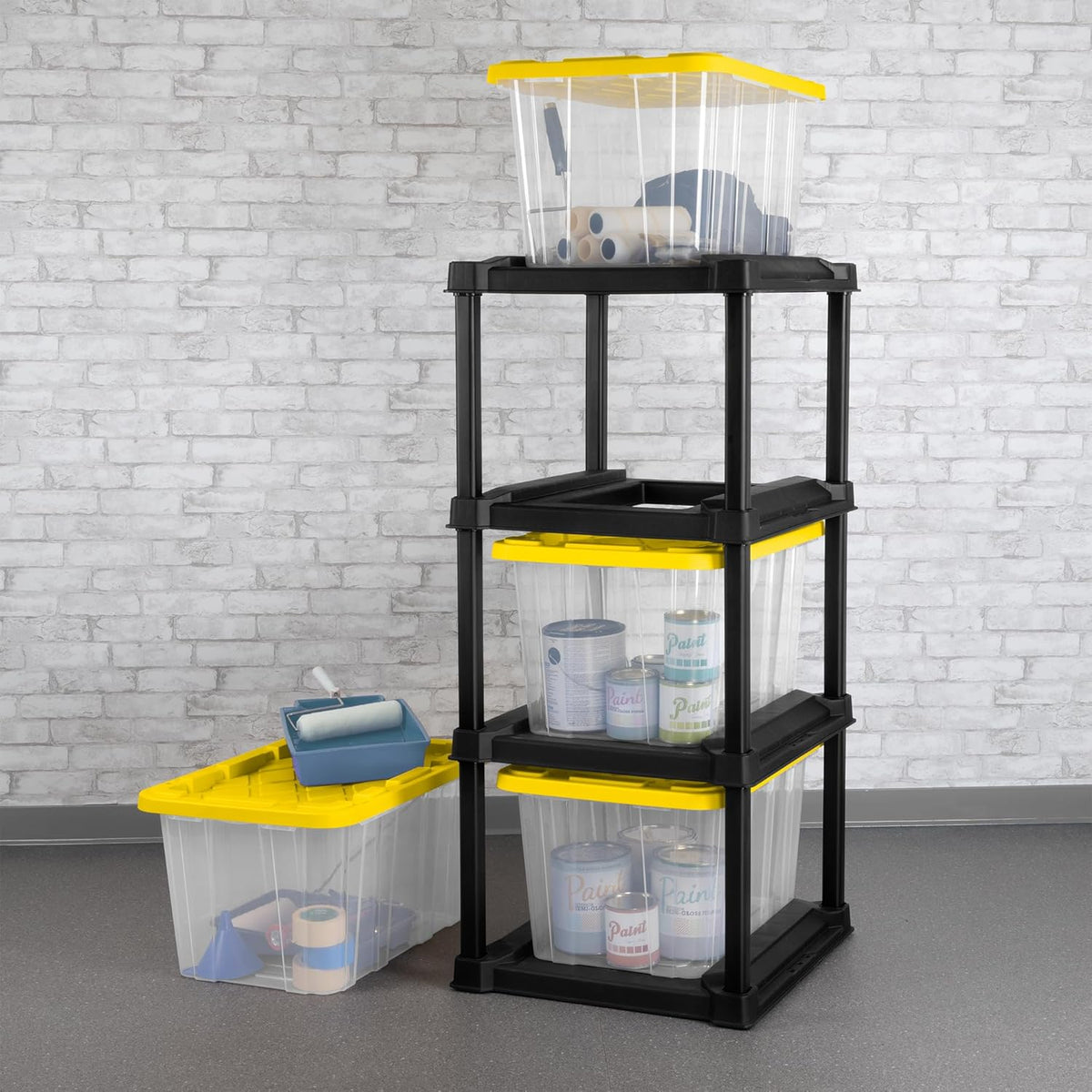 Sterilite 4-Pack 27 Gallon Industrial Storage Tote, Heavy-Duty Plastic Bins, Black/Yellow - Stackable Utility Organizers with Lids for Garage, Camping Tools, and Outdoor Gear