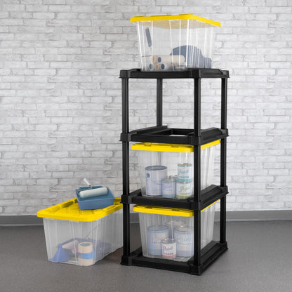 Sterilite 4-Pack 27 Gallon Industrial Storage Tote, Heavy-Duty Plastic Bins, Black/Yellow - Stackable Utility Organizers with Lids for Garage, Camping Tools, and Outdoor Gear