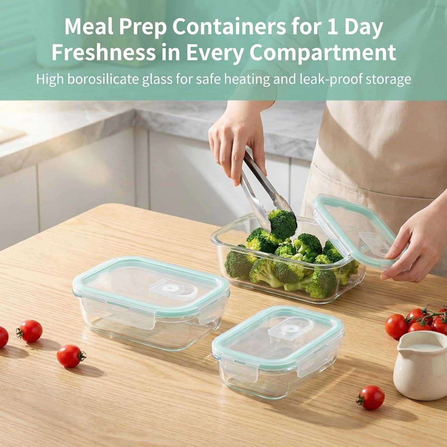 High Borosilicate Glass Food Storage Containers,Stackable Meal Prep Containers with Airtight Plastic Lids,BPA-Free, Leak-Proof,Reusable for Microwave, Oven, Freezer and Dishwasher,3Piece Set
