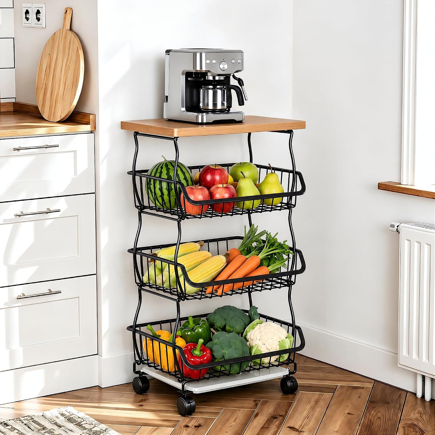 VECELO 4-Tier Fruit Basket with Wheels, Fruit and Vegetable Storage Cart for Kithchen, Stackable Produce Organizer Wire Baskets for Kitchen, Pantry, Living Room