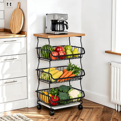 VECELO 4-Tier Fruit Basket with Wheels, Fruit and Vegetable Storage Cart for Kithchen, Stackable Produce Organizer Wire Baskets for Kitchen, Pantry, Living Room