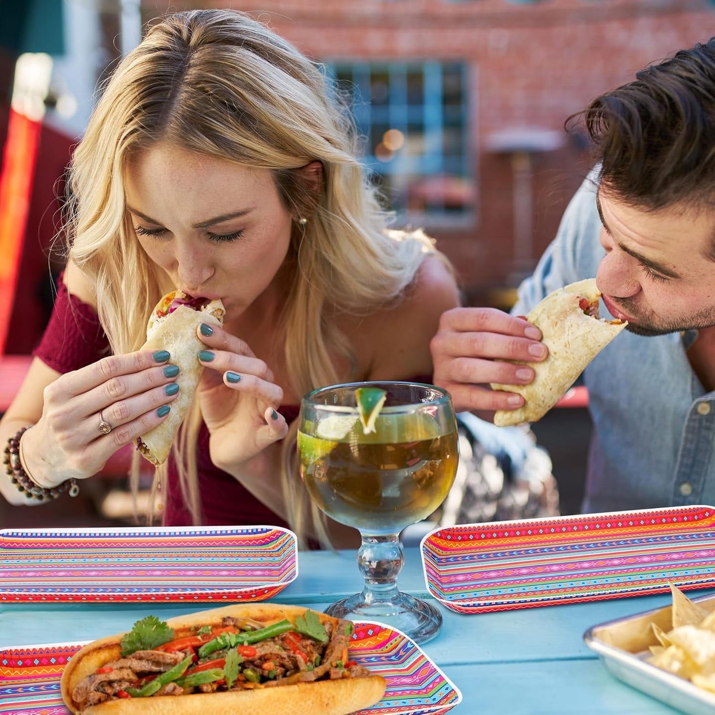 Wehhbtye 48 Pcs Mexican Food Serving Trays, Small Size 10.6'' x5'' Cinco De Mayo Paper Serving Platter, Colorful Striped Mexican Fiesta Plates for Single Taco Nacho Snack Themed Party Supplies