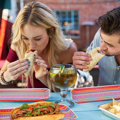 Wehhbtye 48 Pcs Mexican Food Serving Trays, Small Size 10.6'' x5'' Cinco De Mayo Paper Serving Platter, Colorful Striped Mexican Fiesta Plates for Single Taco Nacho Snack Themed Party Supplies