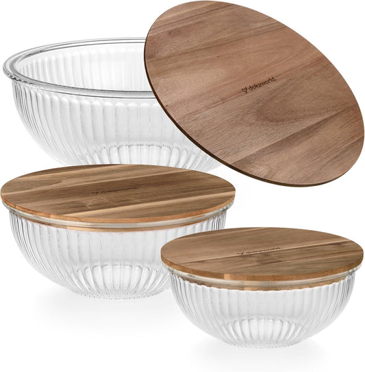 Set of 4 Stackable Space-Saving Nesting Glass Bowls with Airtight Acacia Lids for Lunch, Meal & Food Prep - Microwave & Oven-ready BPA Free Durable Heat Resistant Inert Borosilicate Glass