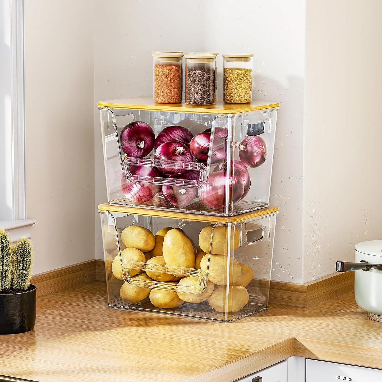 Delamu 2 Set Pantry Organizers and Storage, Trash Bag Holder Under Sink Organizer for 4-13 Gal Bags, Trash Bag Dispenser with Bamboo Top for Onion, Potato, Garlic, Clear (11-7/32"L*7" W*7-1/8"H)