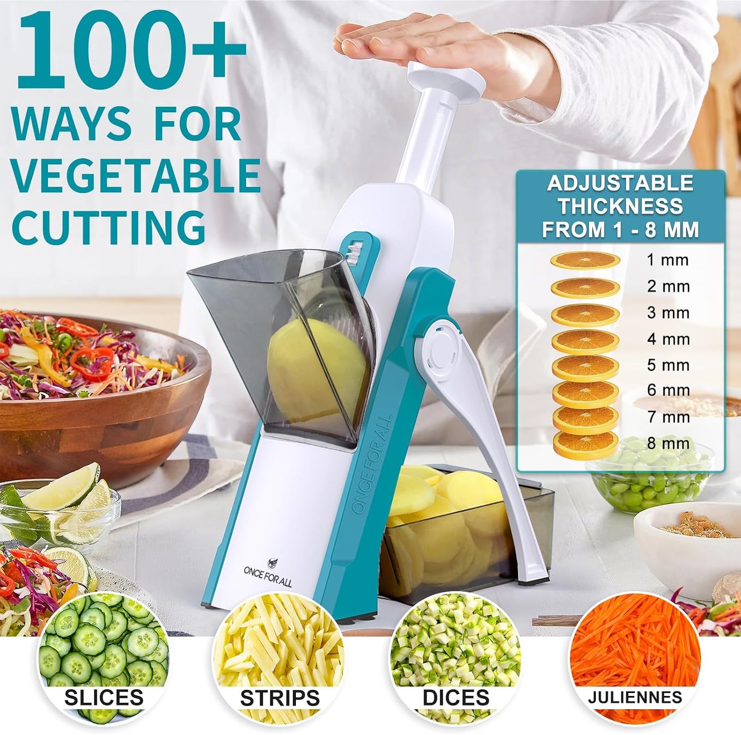 ONCE FOR ALL Safe Mandoline Slicer 5 in 1 Vegetable Chopper Food Potato Cutter, Strips Julienne Dicer Adjustable Thickness 0.1-8 mm Kitchen Chopping Artifact Fast Meal Prep (Gray)