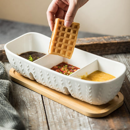 Miamolo 3 Compartment Condiment Tray, Chip and Dip Bowl with Wooden Serving Tray, Perfect for Snacks, Appetizers, Charcuterie, Chips, Candy, 10-inch Chip and Dip Serving Set for Parties