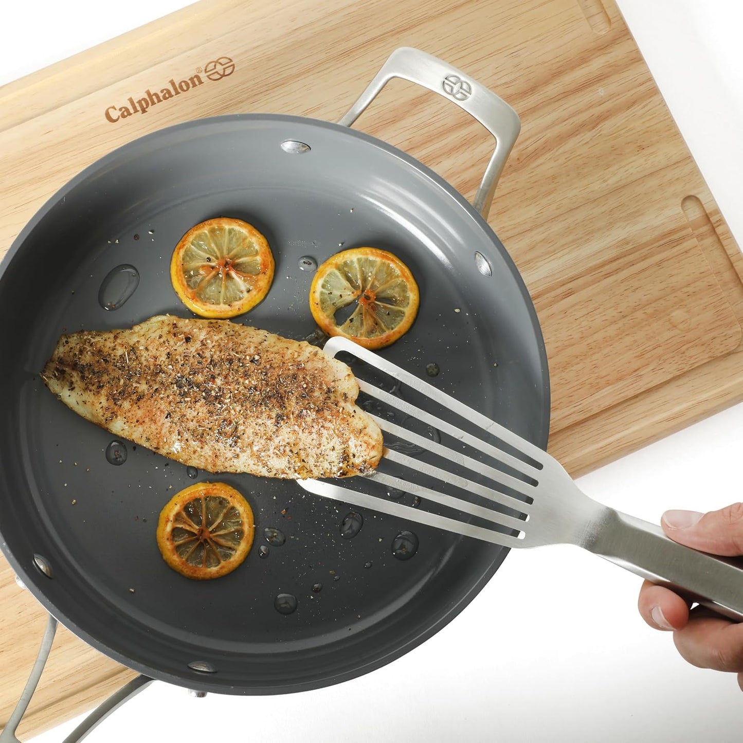 Calphalon Slotted Turner, Kitchen Flipping Spatula, Slotted Spatula, Stainless Steel Turner with Silicone Heat Resistance Handle, Nonstick-Safe Spatula for Draining and Flipping (Navy)
