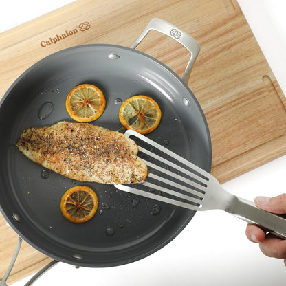 Calphalon Slotted Turner, Kitchen Flipping Spatula, Slotted Spatula, Stainless Steel Turner with Silicone Heat Resistance Handle, Nonstick-Safe Spatula for Draining and Flipping (Navy)