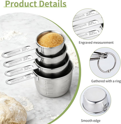 '-BINGBING- Measuring Cups of 4, Stainless Steel Measuring Cups, Stackable | Stainless Steel Cups with Metal Handle for Dry and Liquid Ingredients, Ideal for Cooking & Baking