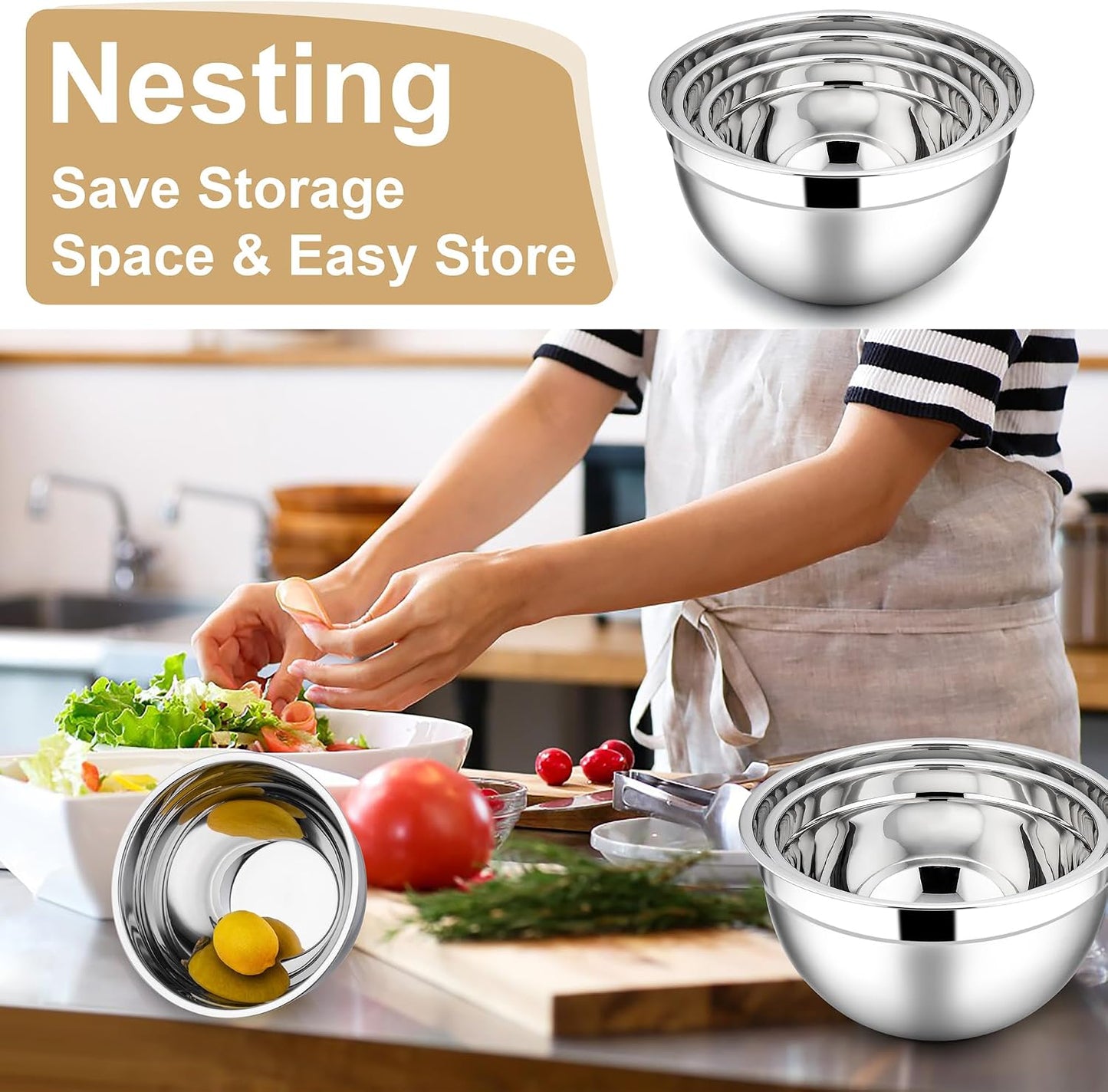 E-far Mixing Bowls With Lids Sets of 5, 10-Piece Stainless Steel Salad Metal Nesting Bowl for Baking Cooking and Prepping, Airtight Lid & Stackable Design, Size 4.6, 3, 2.1, 1.5, 0.7 QT, Black