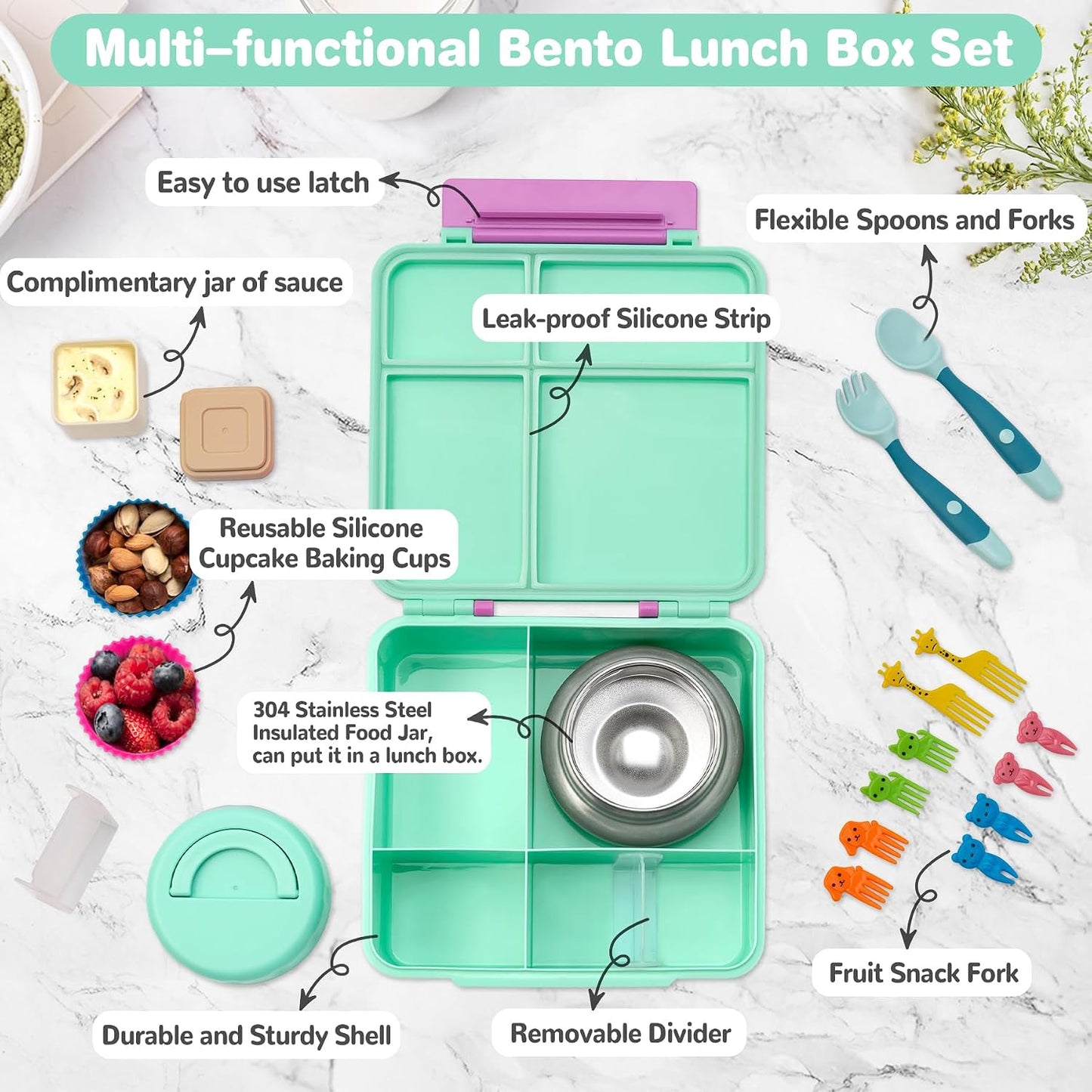 Bento Lunch Box with 9.5 oz Soup Thermo, Kids Leakproof 4 Compartments Bento Box with Silicone Cupcake,Fruit Fork,Spoon and Sauce Cup,Insulated Food Jar for School Travel-Black