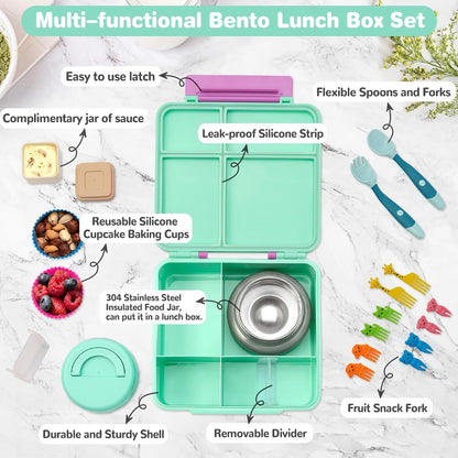 Bento Lunch Box with 9.5 oz Soup Thermo, Kids Leakproof 4 Compartments Bento Box with Silicone Cupcake,Fruit Fork,Spoon and Sauce Cup,Insulated Food Jar for School Travel-Black