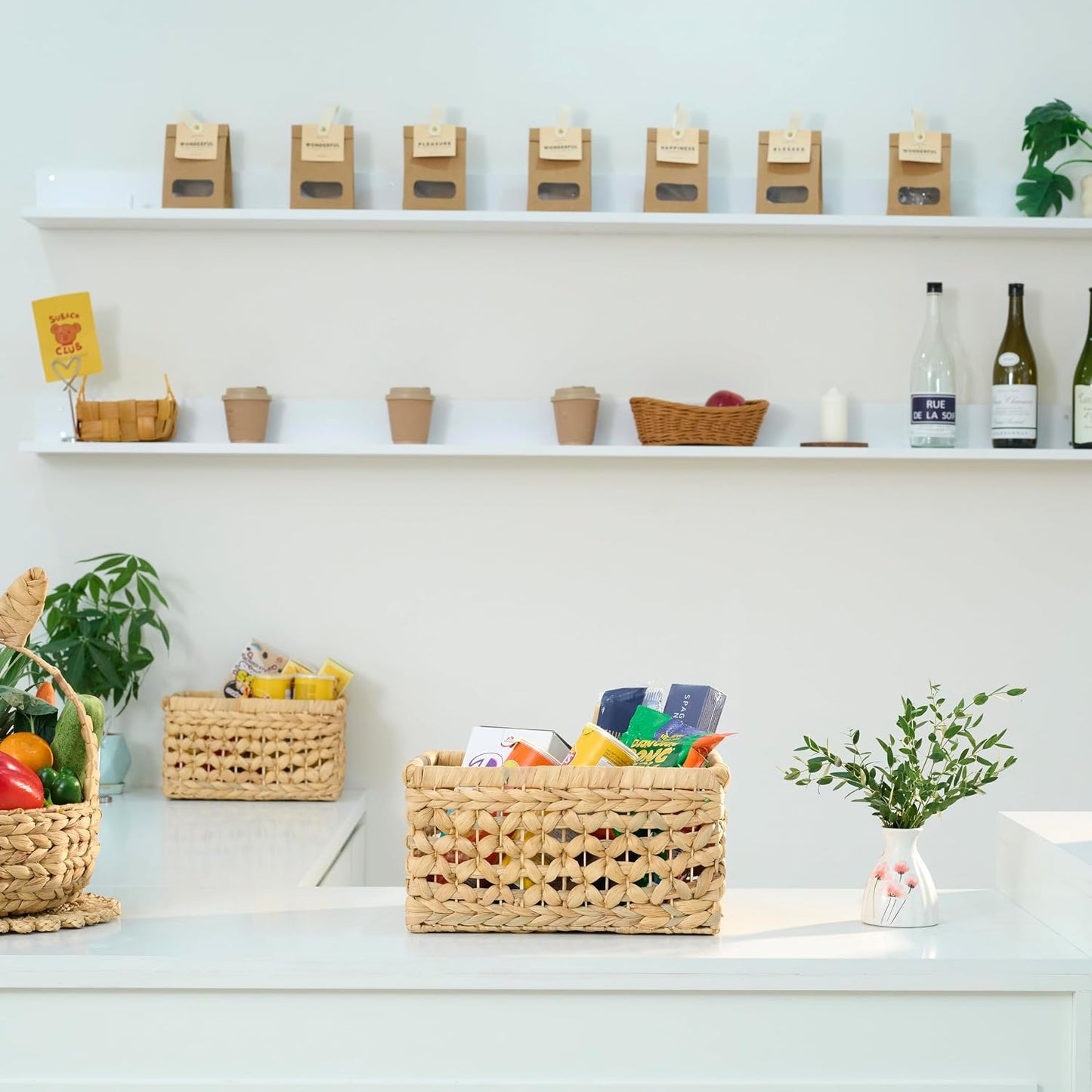 11.6” NAYA Shelf Basket with Handles, Handwoven Water Hyacinth Storage Basket Organizer for Shelves, Closet, Pantry & Nursery, Wicker Basket Bin