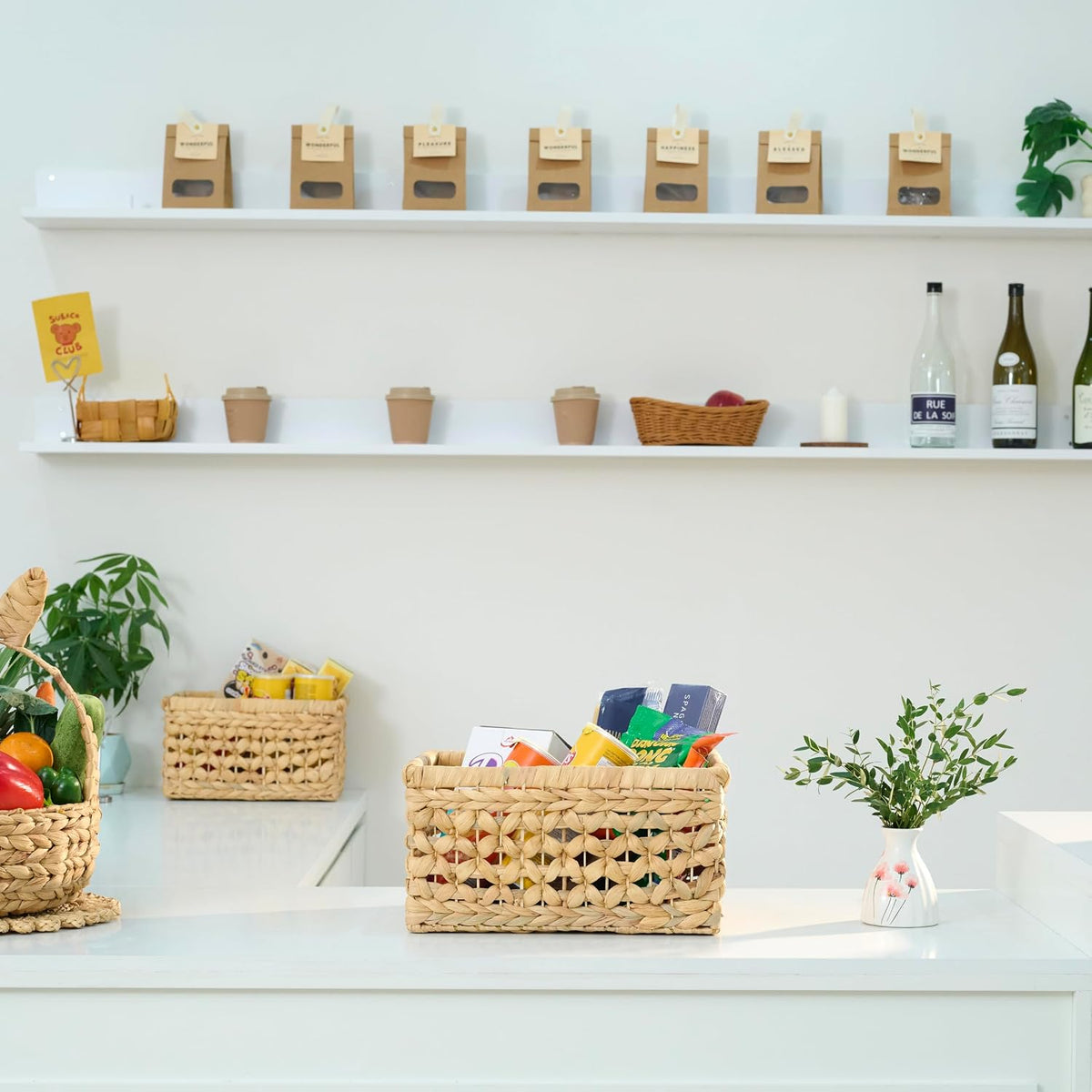 NAYA 11.6" Water Hyacinth Medium Wicker Shelf Basket – Storage Bin | Handwoven water hyacinth shelf basket with sturdy handles for pantry, towels and everyday home organization.