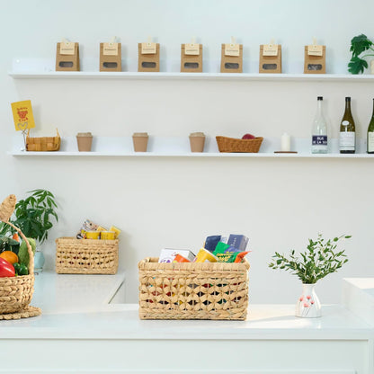 NAYA 11.6" Water Hyacinth Medium Wicker Shelf Basket – Storage Bin | Handwoven water hyacinth shelf basket with sturdy handles for pantry, towels and everyday home organization.