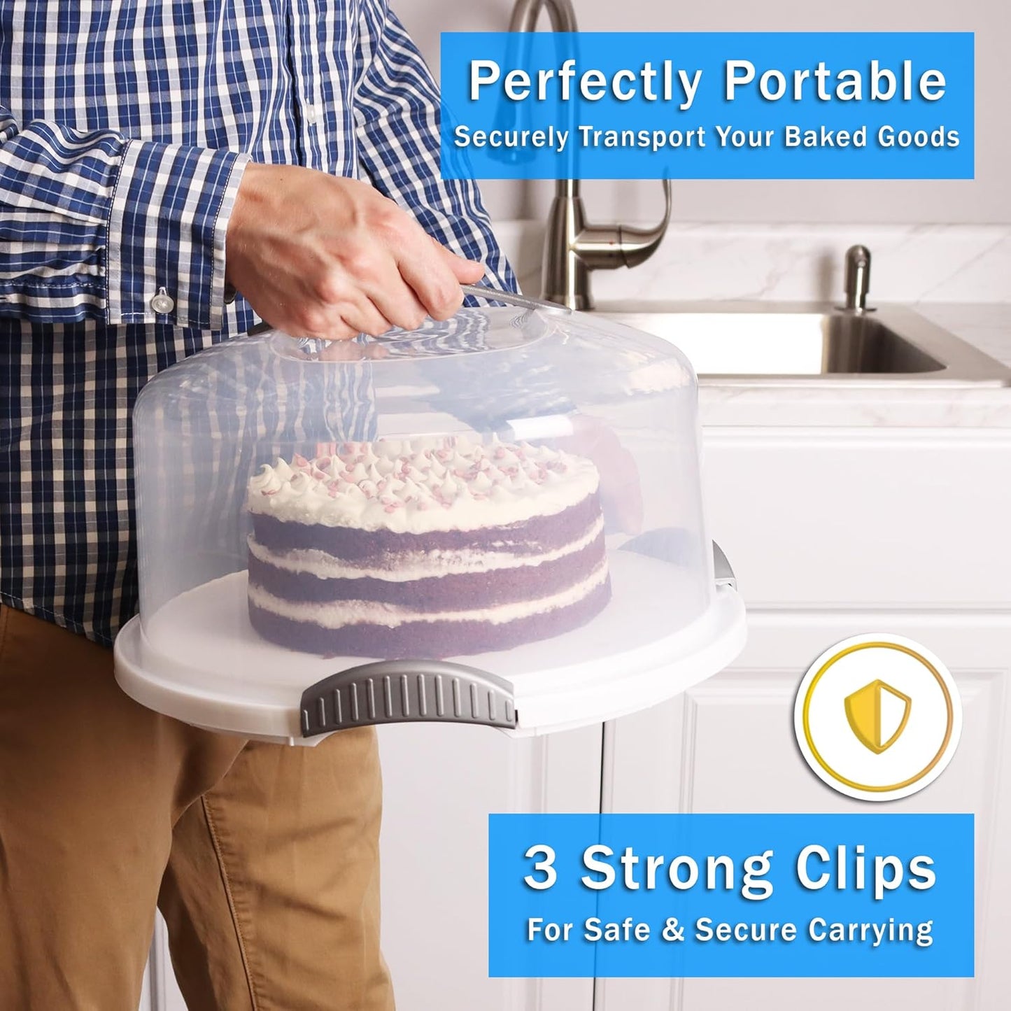 JOEY'Z EXTRA LARGE Cake Carrier - Holds up to 12 Inch 3-Layer Cake - White | Storage Container With Server Plate With Lid/Holder With Lid/Cover Clear Dome - Transports Pies or Other Desserts
