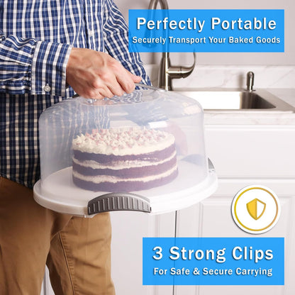 JOEY'Z EXTRA LARGE Cake Carrier - Holds up to 12 Inch 3-Layer Cake - White | Storage Container With Server Plate With Lid/Holder With Lid/Cover Clear Dome - Transports Pies or Other Desserts