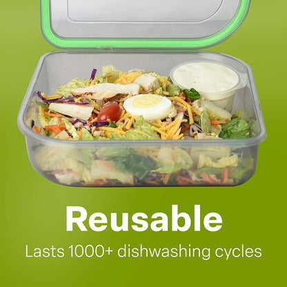 MyGo Container Large To-Go 3-Compartment Food Containers, Pack Of 3, 9-3/8" X 9-3/8" X 2-1/2", Reusable, Microwave Safe, NSF Certified, Smoke/Green