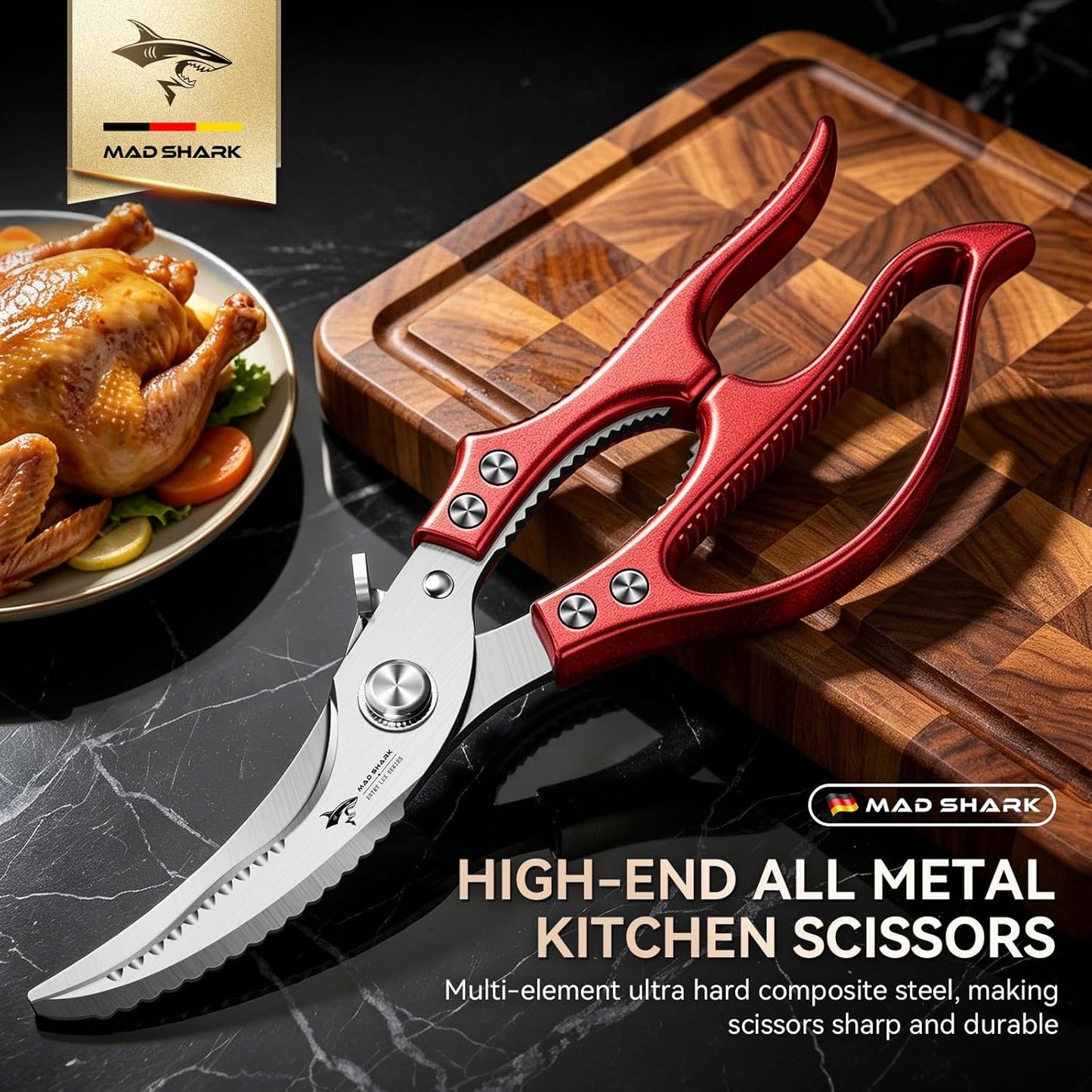 MAD SHARK Heavy Duty Poultry Shears, Kitchen Shears with Non-Slip Handle & Safety Lock, All Purpose Kitchen Scissors for Chicken, Meat Cutting, Turkey, Fish, Vegetables, Spring Loaded, Dishwasher Safe