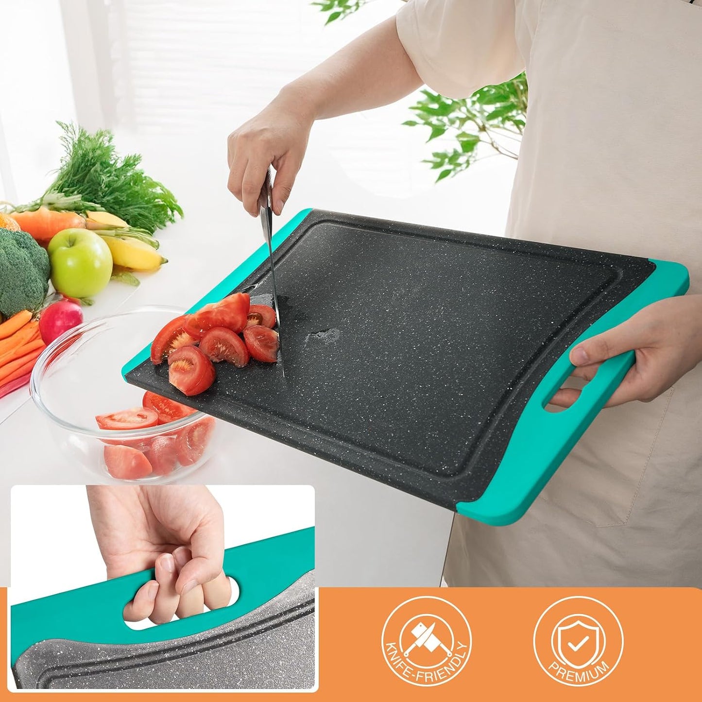 Extra Large Cutting Boards, Plastic Cutting Boards for Kitchen (Set of 3) Cutting Board Set Dishwasher Chopping Board with Juice Grooves Easy-Grip Handles, Dark Grey, Empune
