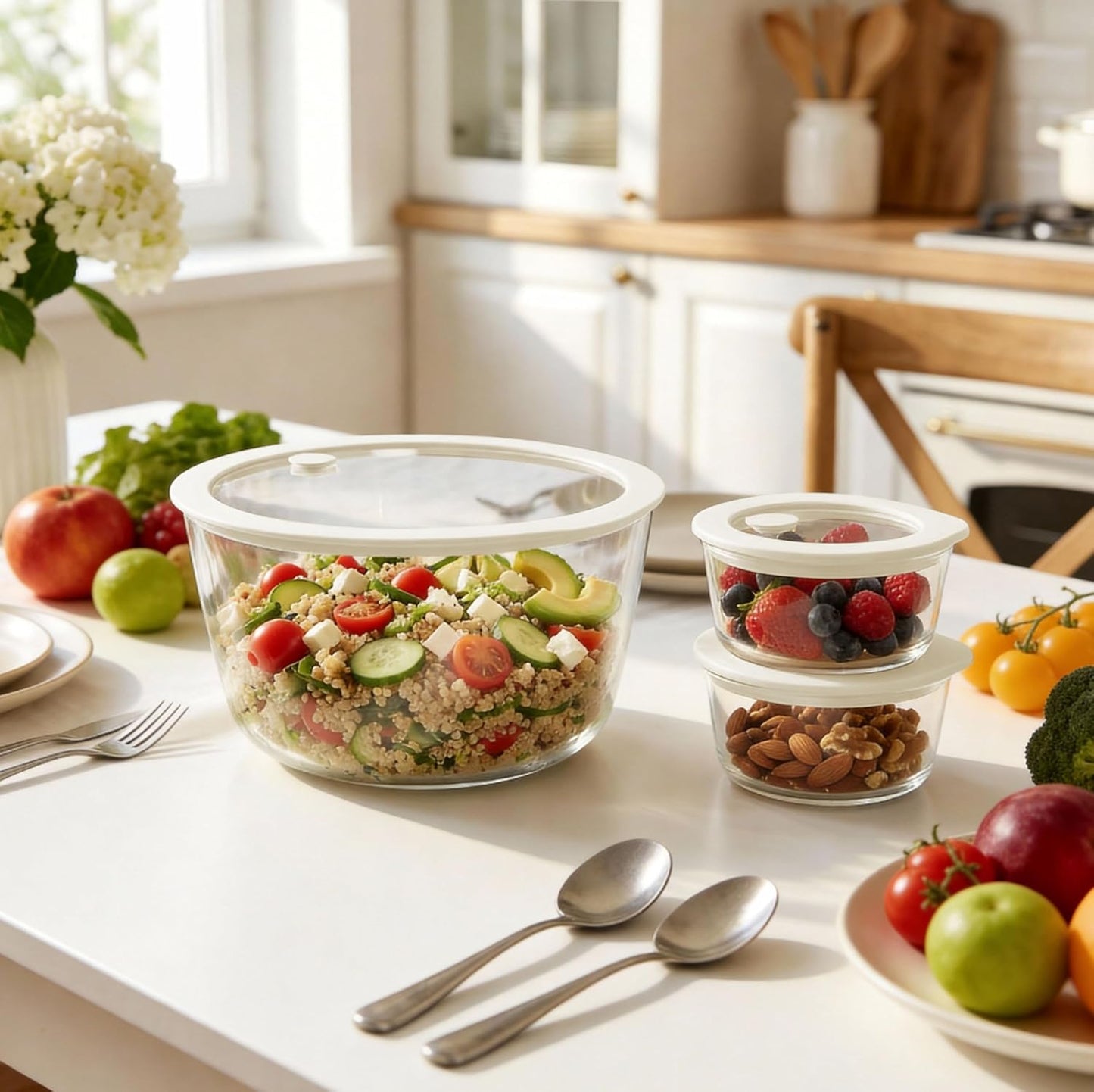 Urban Green Glass Food Container Set with Glass Lid, 3 Pack, Food Storage Containers Set, Airtight, LeakProof, 100% Plastic Free, Meal Prep Containers (White Color)
