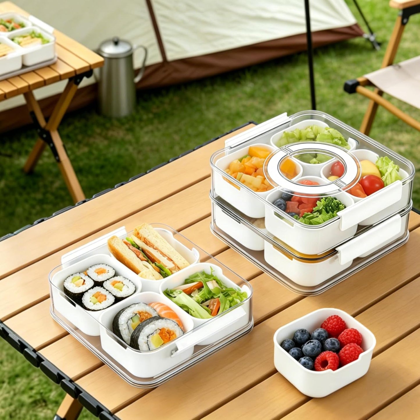 IVYHOME 2-Tier Stackable Snackle Box Container, Veggie Tray with Lid for Fridge, Divided Serving Tray, BPA-Free Plastic Food Organizer for Fruit, Spices, Portable for Picnic, Party, Kitchen Countertop