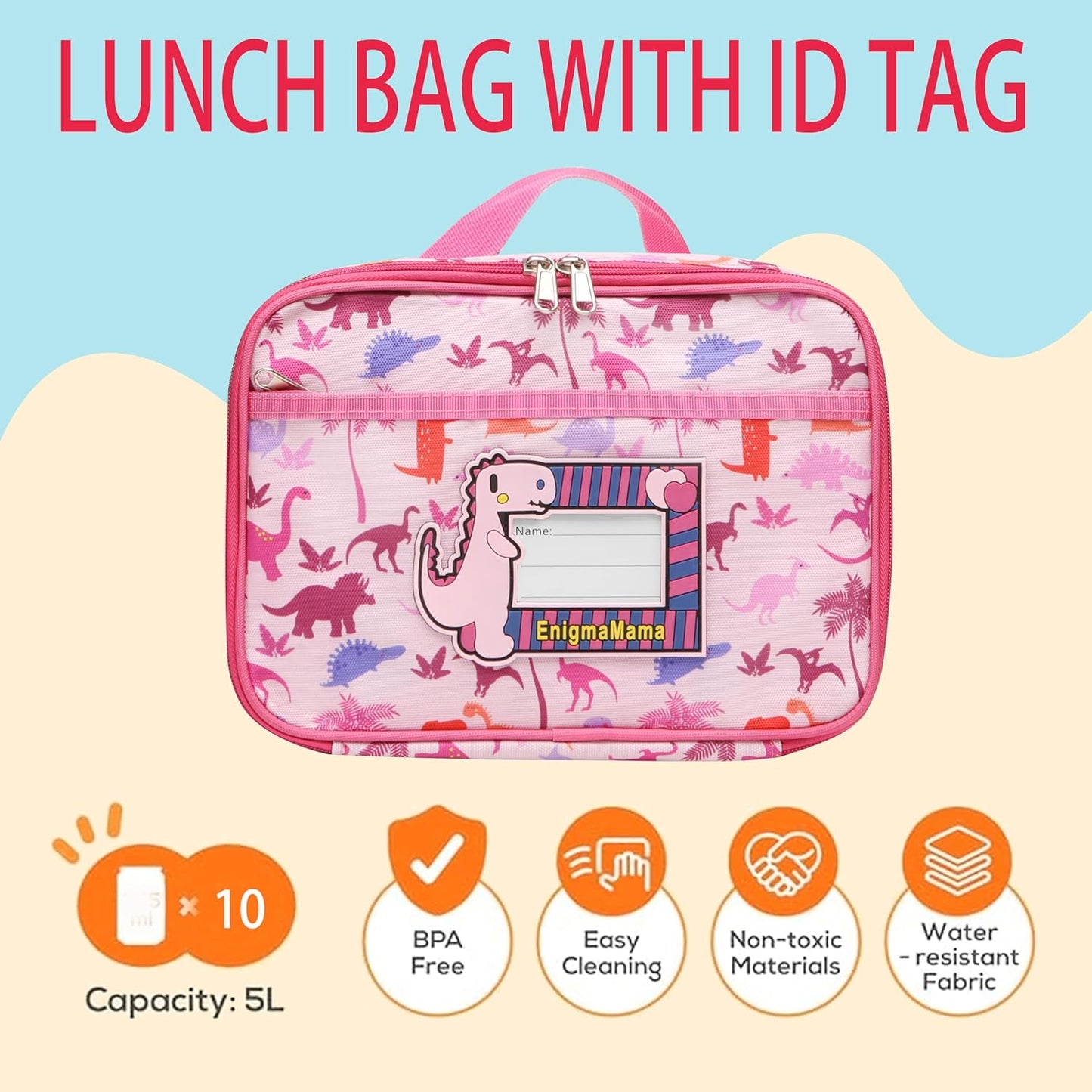 Kids Dinosaur Lunch Bag with Reusable Bento Box, Insulated & Leak-Proof Lunch Container Set with Name Tag, 6 Compartments, Fork & Spoon, Ideal for School, Travel, and Picnics (Pink Dinosaur)