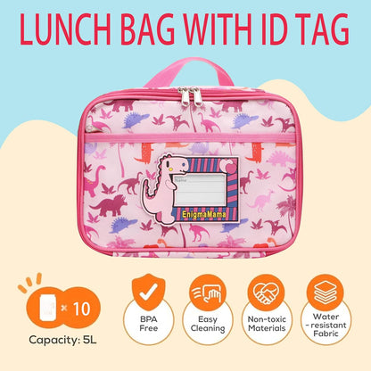 Kids Dinosaur Lunch Bag with Reusable Bento Box, Insulated & Leak-Proof Lunch Container Set with Name Tag, 6 Compartments, Fork & Spoon, Ideal for School, Travel, and Picnics (Pink Dinosaur)