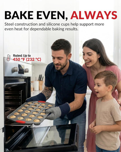 Boxiki Kitchen Non-Stick 12 Cup Silicone Muffin Pan with Steel Frame - BPA Free, Non-Toxic, Anti-Warp, Durable & Easy to Pop Silicone Muffin Tin - Perfect Cupcake Pan