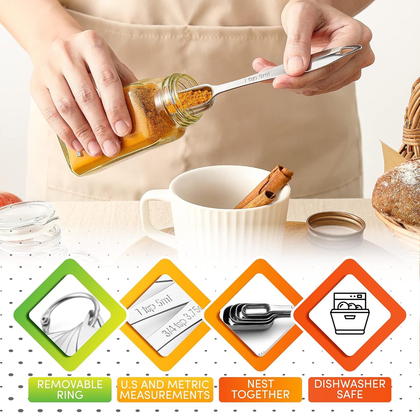 Spring Chef Stainless Steel Measuring Cups and Spoons Set of 14 with Leveler, Nesting Kitchen Metal Measuring Cups and Spoons Set for Dry and Liquid Ingredients, Perfect for Cooking & Baking