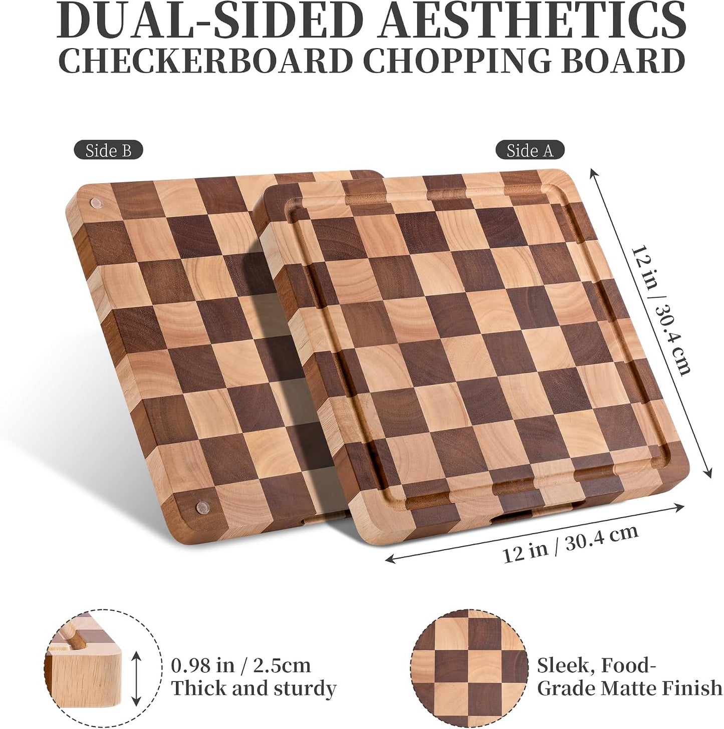 WILLKOMMEN Checkered Cutting Board Set, 3-Piece Wood Checkerboard End Grain Chopping Boards with Holder & Juice Groove Wooden Kitchen Cutting Board for Cooking and Serving (S, M, L)