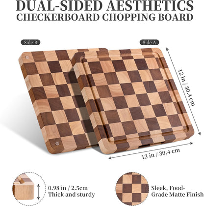 WILLKOMMEN Checkered Cutting Board Set, 3-Piece Wood Checkerboard End Grain Chopping Boards with Holder & Juice Groove Wooden Kitchen Cutting Board for Cooking and Serving (S, M, L)