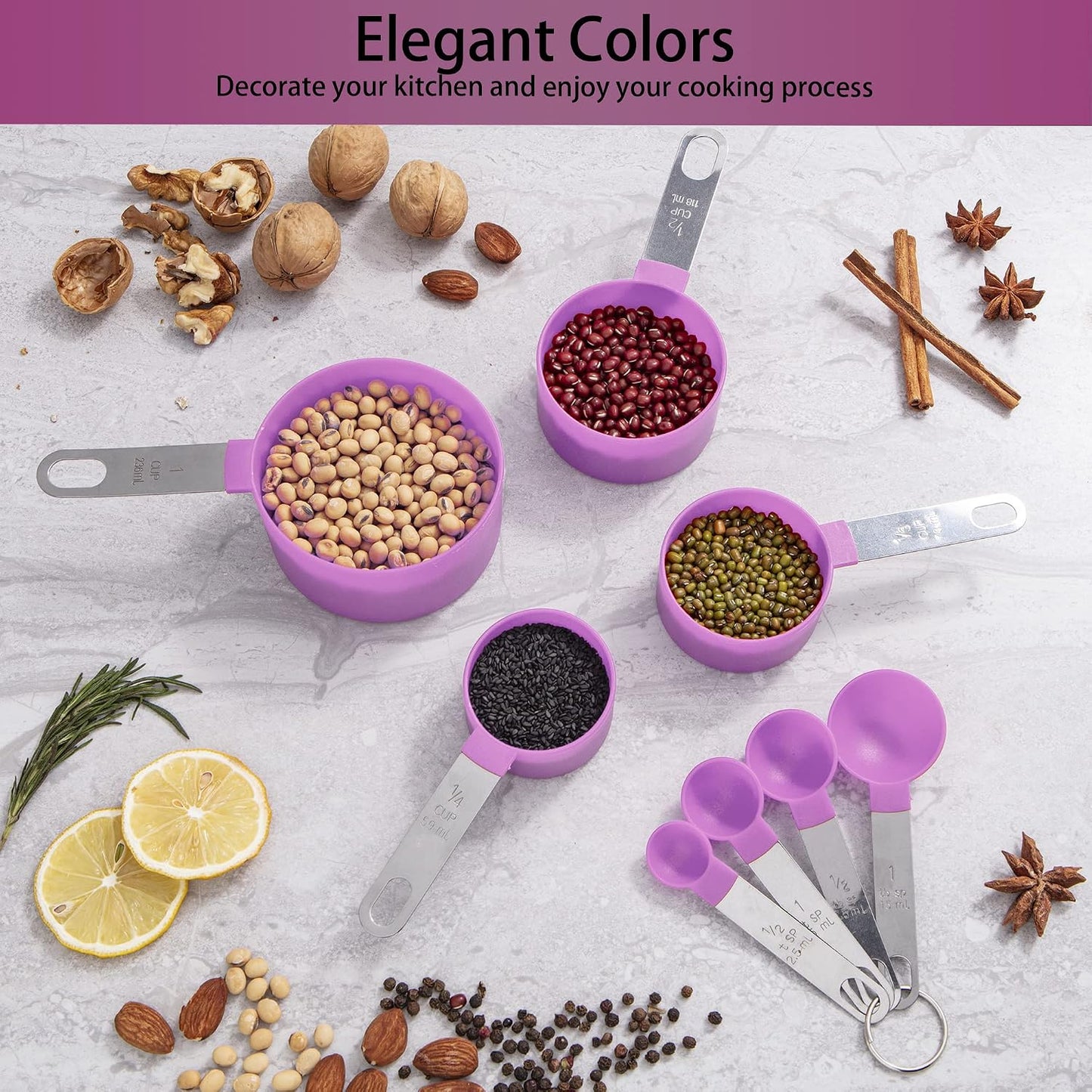 Measuring Cups and Spoons Set of Huygens Kitchen Gadgets 10 Pieces, Stackable Stainless Steel Handle Measuring Cups for Measuring Dry and Liquid Ingredient (Gray)