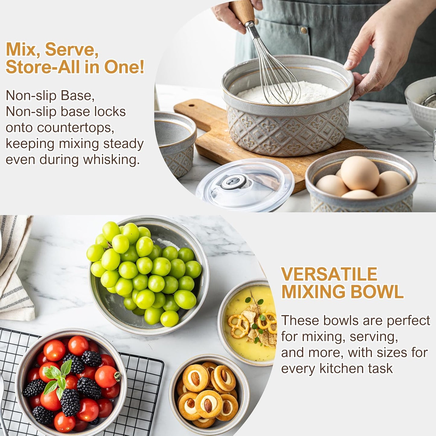 Airtight Food Storage Containers with Lids Mixing Bowls Set, Ceramic Serving Bowls with Lids Set of 4, 12/16/28/40 oz Stackable Nesting Salad Bowls for Cooking, Baking, Ramen - Beige