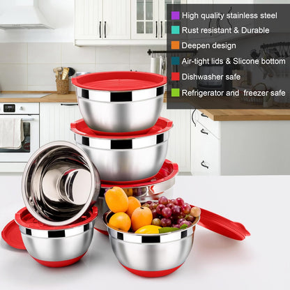 LIANYU Stainless Steel Mixing Bowls Sets of 6, Large 7, 3.5, 2.5, 2, 1.5, 1QT Size with Transparent Airtight Lids, Metal Nesting Serving Bowl Sets for Home Kitchen, Dishwasher & Freezer Safe, Black