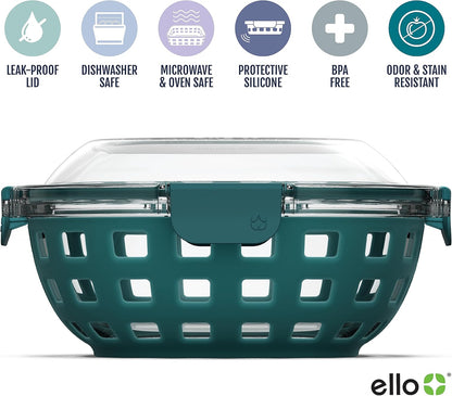 Ello Duraglass Meal Prep Container- Glass Food Storage Container with Silicone Sleeve and Airtight BPA-Free Plastic Lid, Dishwasher, Microwave, and Freezer Safe
