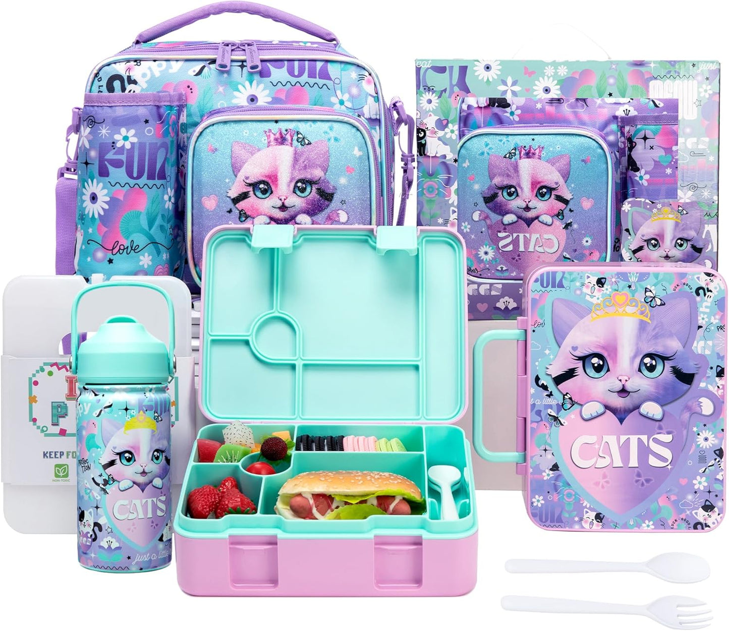 Kids Bento Lunch Box with 6 Compartments Girls Lunch Box with Lunch Bag,Stainless Steel Water Bottle,Ice Pack & Utensils Set,Birthday Gifts for Ages 3-12 Back to School Toddler Girls