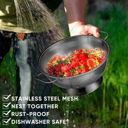 Bokon 3 Pcs Stainless Steel Colander Set Colander Bowl and Sieves 1/3/5 Quart Metal Mesh Strainer Net Basket with Handles Food Spaghetti Strainer for Kitchen Draining Pasta Rinsing(Gold)