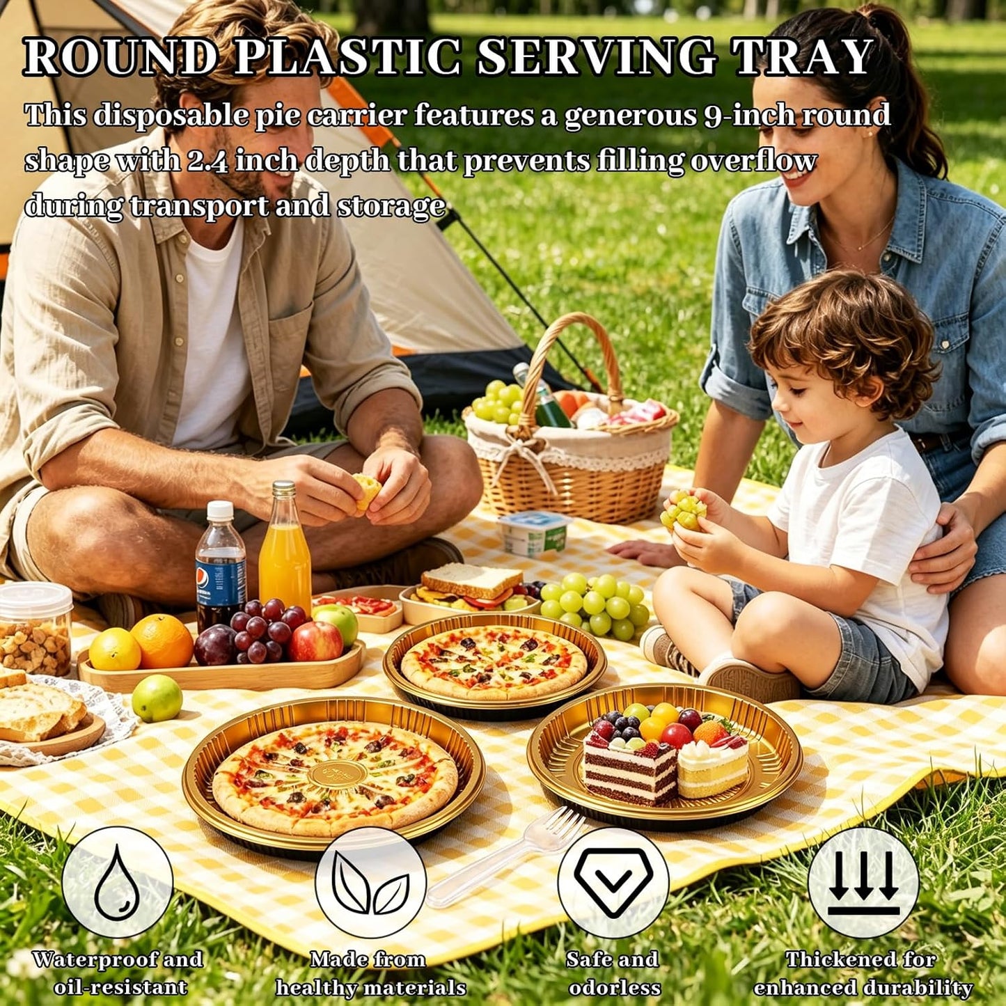 30 Pack 10 Inch Disposable Pie Carrier with Lid, Round Pie Platters Plastic Serving Tray, Catering Trays with Lids for Pies, Pizza, Desserts (Gold Bottom + Clear Lid)