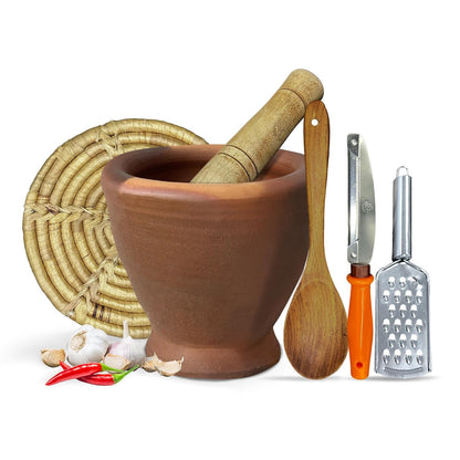 Thai Clay Mortar and Wooden Pestle Set for Som Tum, Authentic Papaya Salad Kit with Peeler, Grater & Spoon