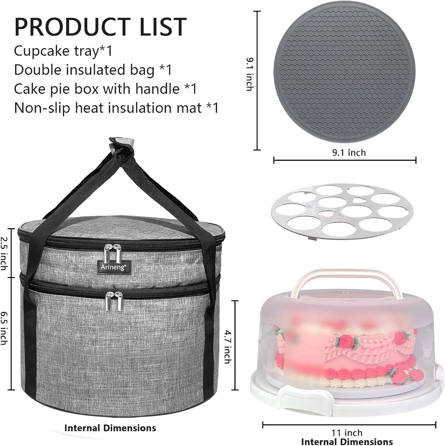 Round Cake Carrier Box with Lid and Handle, Transportation Insulated Bag for Cakes, Cupcakes and Pies, Triple Locking Design for Safe Transportation (Grey, 12 * 12 * 7.9 Inch)