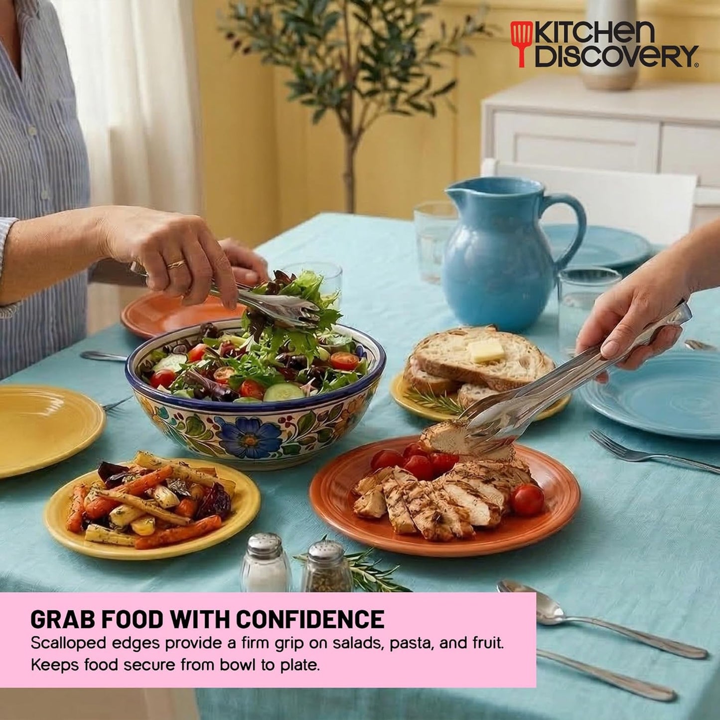 Kitchen Discovery Stainless Steel Tongs, Set of 2 (8" & 10"), Lightweight & Durable Kitchen Tongs for Serving, Parties and Events, Dishwasher-Safe Metal Serving Tongs for Salads and More