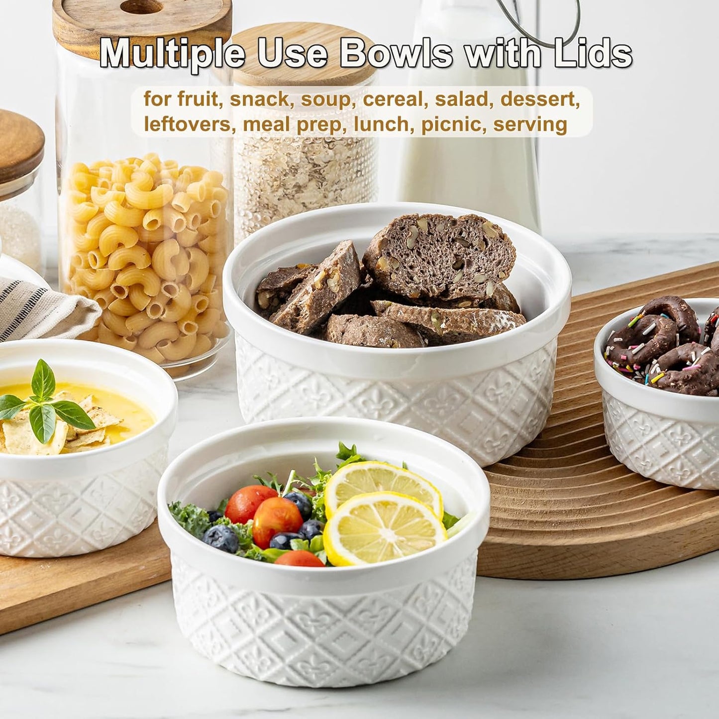 Airtight Food Storage Containers with Lids Mixing Bowls Set, Ceramic Serving Bowls with Lids Set of 4, 12/16/28/40 oz Stackable Nesting Salad Bowls for Cooking, Baking, Ramen - Beige
