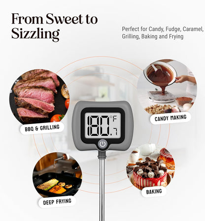 Digital Candy Thermometer with Pot Clip, 10" Long Stainless Steel Probe, Instant Read Kitchen Thermometer for Cooking, Baking, and Candy Making