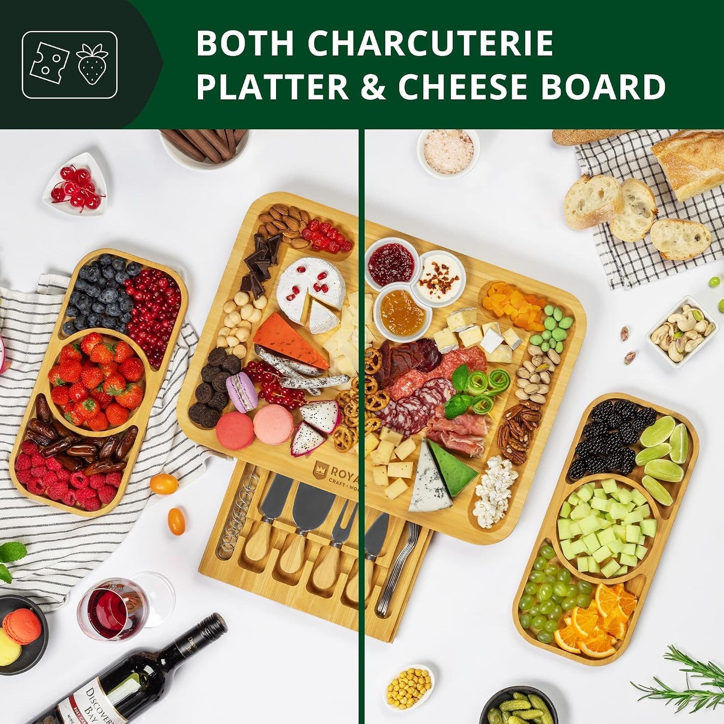 ROYAL CRAFT WOOD Premium Bamboo Charcuterie Board Set - Cheese Platter & Serving Tray & Serving Utensils - Perfect Housewarming Gift, Wedding, Bridal Shower Gift - Ideal for Entertaining and New Home
