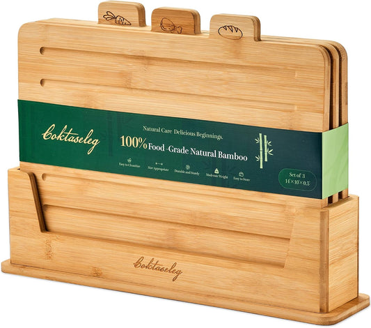Bamboo Cutting Boards for Kitchen Set of 3, Large 14’’ x 10’’ with Holder, Wooden Cutting Board with Juice Groove & Labels for Meat Vegetables Bread | Coktaseleg